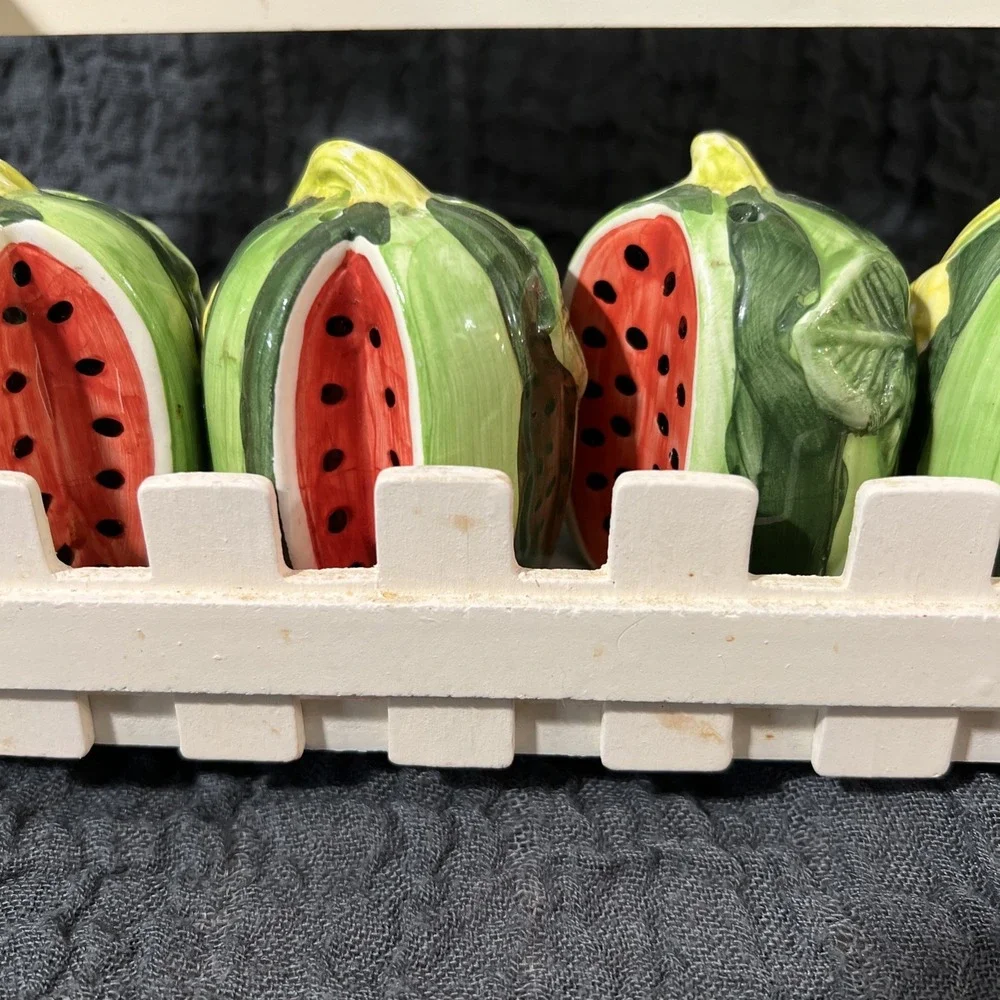 Vintage Wooden Spice Rack with 5 Ceramic Bottles Watermelon‎ Shaped